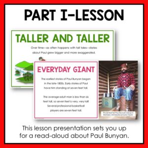 Screenshots of Taller and Taller and Everyday Giant slides below Part I - Lesson title text. Footer reads this lesson presentation sets you up for a read-aloud about Paul Bunyan.