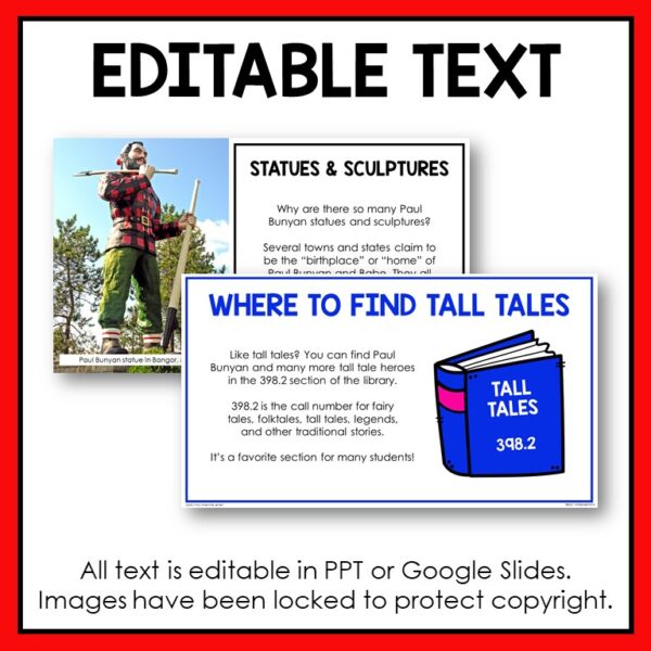 Screenshots of Statues & Sculptures and Where to Find Tall Tales slides below Editable Text title. Footer reads all text is editable in PPT or Google Slides. Images have been locked to protect copyright.