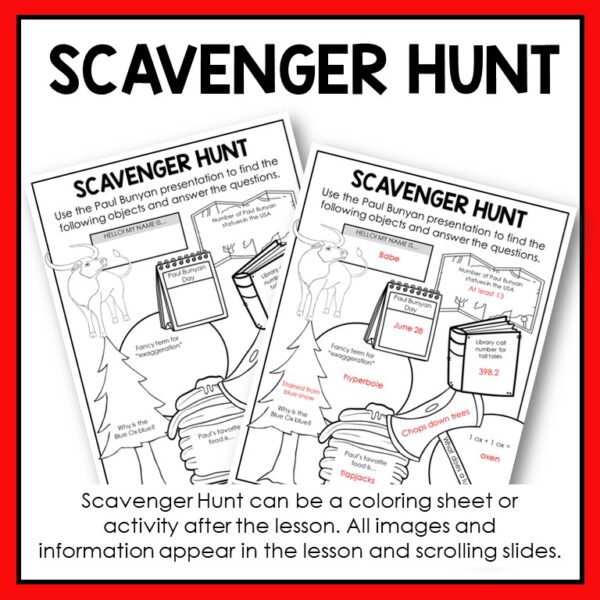 Screenshots of Scavenger Hunt printable and answer key. Scavenger Hunt can be a coloring sheet or activity after the lesson. All images and information appear in the lesson and scrolling slides, footer text.