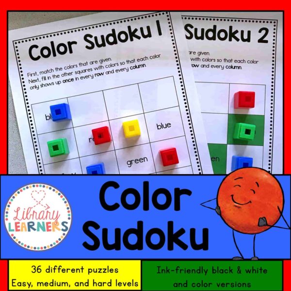 Color Sudoku title text with overlapping screenshots of 1 black and white and 1 color printable. Footer text reads 36 different puzzles, easy, medium and hard levels, ink-friendly black & white and color versions.