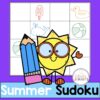 Summer Sudoku title. Screenshot of picture sudoku board behind sunshine and pencil cartoon clipart.