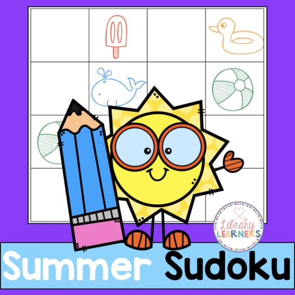 Summer Sudoku title. Screenshot of picture sudoku board behind sunshine and pencil cartoon clipart.