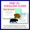 Screenshots of 2 True of False slides below Part II - Scrolling Slides title text. Footer reads the scrolling slides help extend your lesson on Davy Crockett. Play these during and after checkout, or move them into the lesson to extend it.