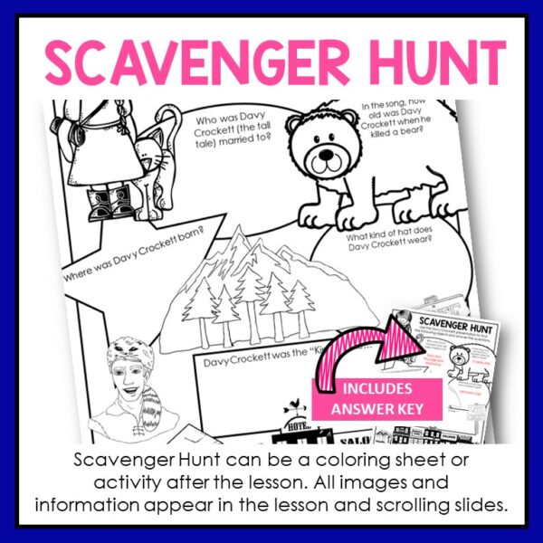 Screenshot of Scavenger Hunt printable with thumbnail image of answer key. Text reads Scavenger Hunt can be a coloring sheet or activity after the lesson. All iamges and information appear in the lesson and scrolling slides.