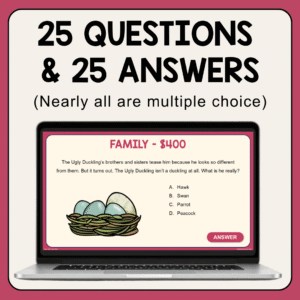 Family question slide on laptop with text: 25 questions and answers; Nearly all are multiple choice.