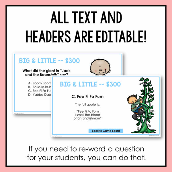 Screenshots of both Big & Little $300 slides below All Text and Headers are Editable title text. Footer reads if you need to re-word a question for your students, you can do that.