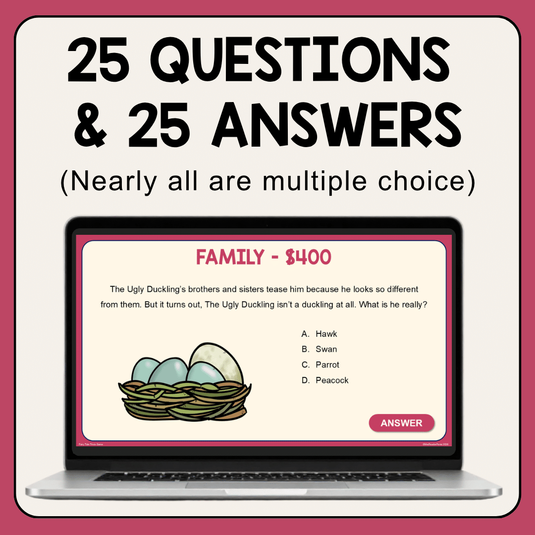 Family question slide on laptop with text: 25 questions and answers; Nearly all are multiple choice.