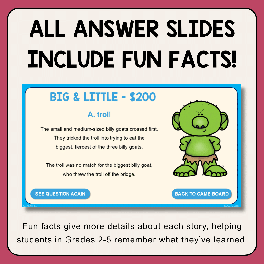 Big and little question slide with text: Fun facts give more details about each story, helping student in grades 2-5 remember what they've learned.
