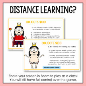 Distance Learning title text above overlapping screenshots of Objects $100 question and answer slide. Share your screen in Zoom to play as a class! You will still have full control over the game, footer text.