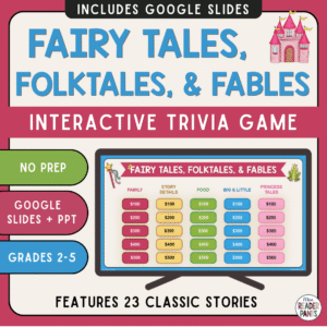 Game slide on monitor with text: No prep, interactive, Google Slides and PowerPoint, grades 2-5, features 23 classic stories.
