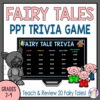 Screenshot of Fairy Tale Trivia slide on monitor below Fairy Tales PPT Trivia Game title text. Footer reads Teach & Review 20 Fairy Tales Grades 2-4.