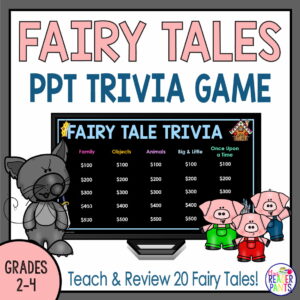 Screenshot of Fairy Tale Trivia slide on monitor below Fairy Tales PPT Trivia Game title text. Footer reads Teach & Review 20 Fairy Tales Grades 2-4.