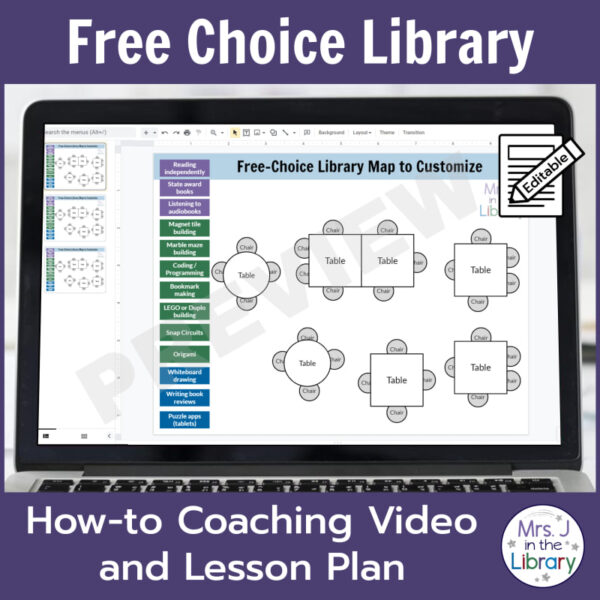 Free Choice Library How-to Coaching Video and Lesson Plan text. Screenshot of Library Map to Customize on laptop screen.