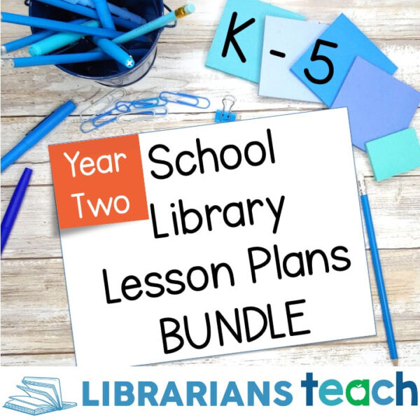 Cover of Year Two School Library Lesson Plans Bundle on wood background with K-5 on blue sticky notes.