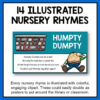 14 Illustrated Nursery Rhymes title over screenshot of Humpty Dumpty slide. Every nursery rhyme is illustrated with colorful, engaging clipart. These could easily double as posters to put around the library or classroom, footer text.
