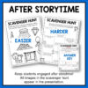 After Storytime title text above screenshots of easier and harder Scavenger Hunt printables and answer key. Footer text reads Keep students engaged after storytime! All images in the scavenger hunt appear in the presentation.