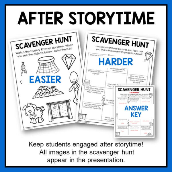After Storytime title text above screenshots of easier and harder Scavenger Hunt printables and answer key. Footer text reads Keep students engaged after storytime! All images in the scavenger hunt appear in the presentation.