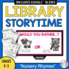 Library Storytime title text, Nursery Rhymes Grades K-3 footer text. Screenshot of Would You Rather slide and 3 pages of Scavenger Hunt printables and Recommended Reads.
