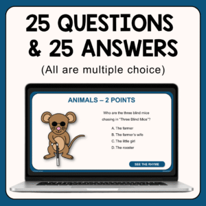 Animals question slide on laptop with text: 25 questions and answers; All are multiple choice.