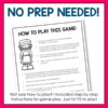No Prep Needed text above screenshot of How to Play This Game printable. Not sure how to play? I included step-by-step instructions for game play. Just hit F5 to play, footer text.