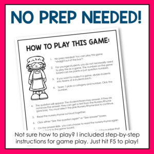 No Prep Needed text above screenshot of How to Play This Game printable. Not sure how to play? I included step-by-step instructions for game play. Just hit F5 to play, footer text.