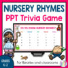 Nursery Rhymes PPT Trivia Game title text with Grades K-2 For libraries and classrooms footer text. Screenshot of Do You Know Nursery Rhymes slide.