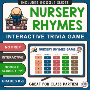 Game slide on monitor with text: No prep, interactive, Google Slides and PowerPoint, grades K-3.
