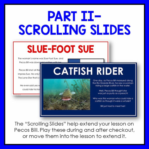 Screenshots of Slue-Foot Sue and Catfish Rider slides below Part II - Scrolling Slides title text. Footer reads The Scrolling Slides help extend your lesson on Pecos Bill.