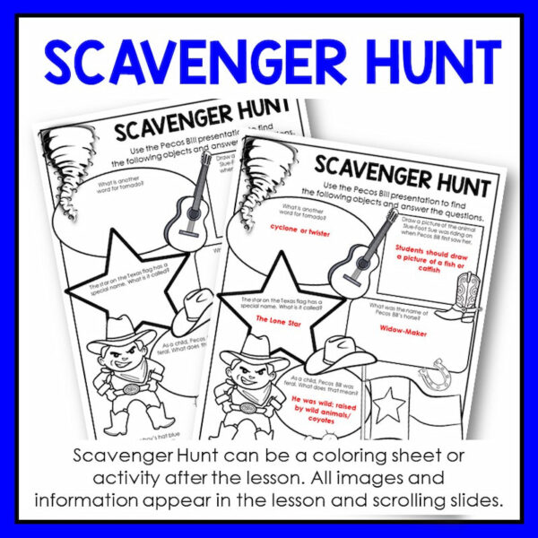Screenshots of Scavenger Hunt printable and answer key below Scavenger Hunt title text. Footer reads Scavenger Hunt can be a coloring sheet or activity after the lesson. All images and information appear in the lesson and scrolling slides.