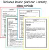 Includes lesson plans for 4 library class periods title text. Overlapping screenshots of 4 lesson plan pages.