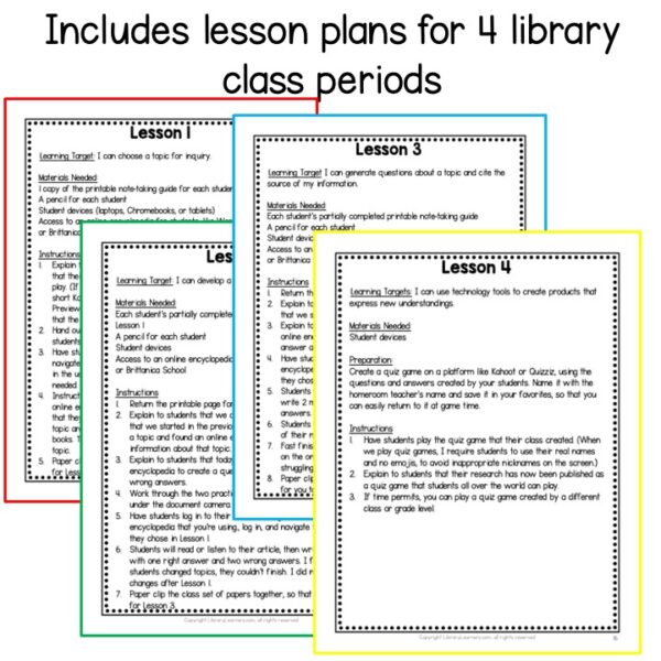 Includes lesson plans for 4 library class periods title text. Overlapping screenshots of 4 lesson plan pages.