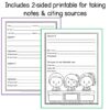 Includes 2-sided printable for taking notes & citing sources title text. Overlapping screenshots of both pages of printable.