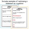 Includes examples of rephrasing a statement as a question title text. Overlapping screenshots of practice sheet and answer key.