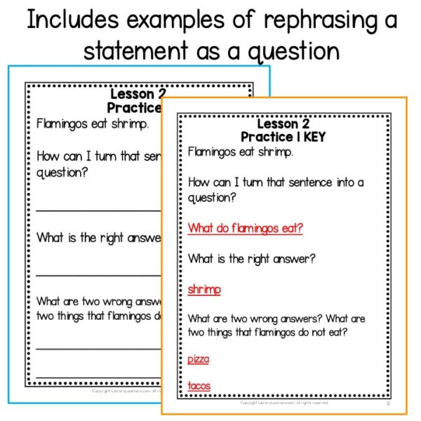 Includes examples of rephrasing a statement as a question title text. Overlapping screenshots of practice sheet and answer key.
