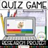 Quiz Game text on top, Research Project text on bottom. Screenshot of question slide on illustrated laptop overlapping photo of completed lesson printable.