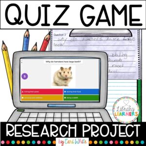 Quiz Game text on top, Research Project text on bottom. Screenshot of question slide on illustrated laptop overlapping photo of completed lesson printable.