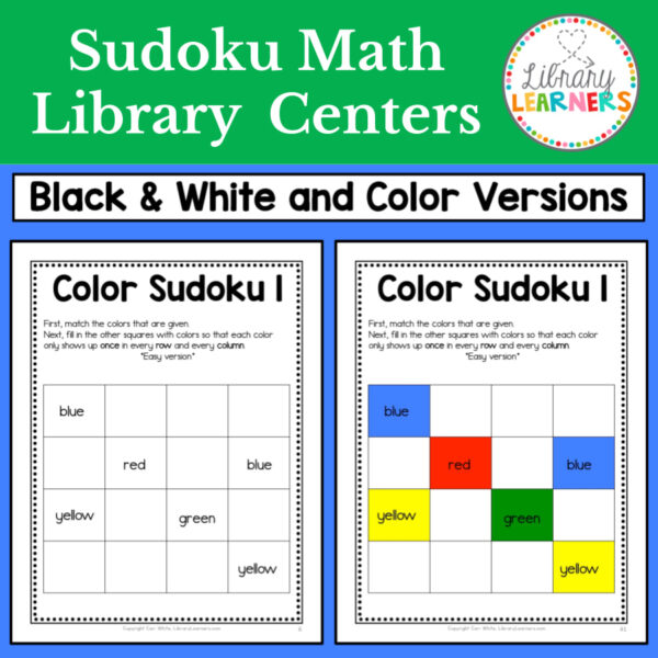 Sudoku Math Library Centers title text, Black & White and Color Versions subtitle. Screenshot of 1 black and white printable and 1 color printable.