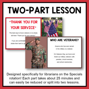 Screenshots of Thank You for Your Service and Who Are Veterans slides below Two-Part Lesson title text. Each part takes about 25 minutes and can easily be reduced or split into two lessons text on bottom.