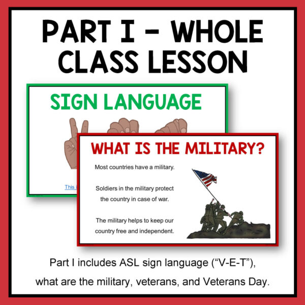 Screenshots of Sign Language and What is the Military slides below Part I - Whole Class Lesson title text. Part I includes ASL sign language, what are the military, veterans, and Veterans Day, in footer text.