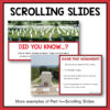 Screenshots of Did You Know and Name That Monument slides below Scrolling Slides title text. Footer reads More examples of Part II - Scrolling Slides.