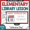 Screenshot of Happy Veterans Day slide on monitor with screenshots of Recommended Reads and 2 Scavenger Hunt pages on side. Elementary Library Lesson text on top, Veterans Day Grades K-5 text on bottom.