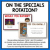 On the Specials Rotation title text above overlapping screenshots of Would You Rather and Did You Know slides. Footer reads Move slides between Parts I and II to extend or shorten your storytime, differentiate between grade levels.