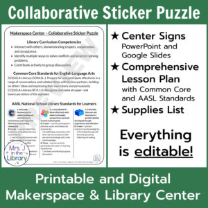 Collaborative Sticker Puzzle Printable and Digital Makerspace & Library Center text. Screenshot of printable Library Curriculum Competencies page.