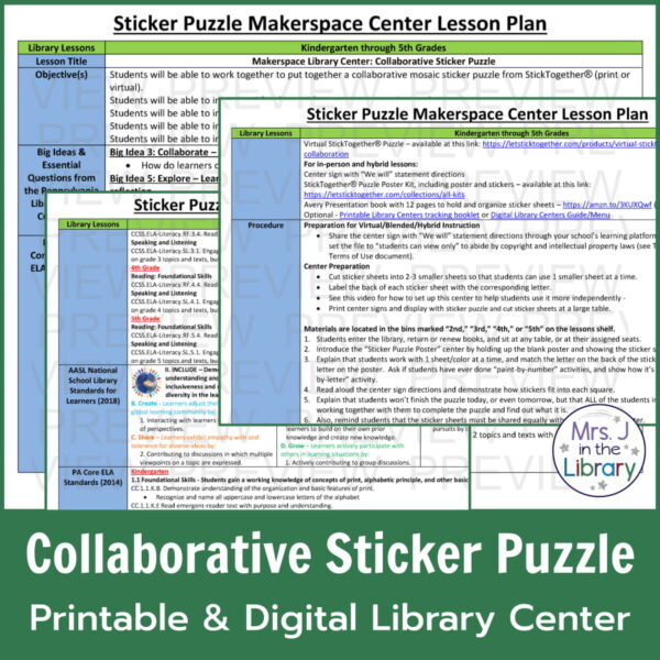 Collaborative Sticker Puzzle Printable & Digital Library Center text. Screenshot of 3 overlapping pages of editable lesson plan pages.