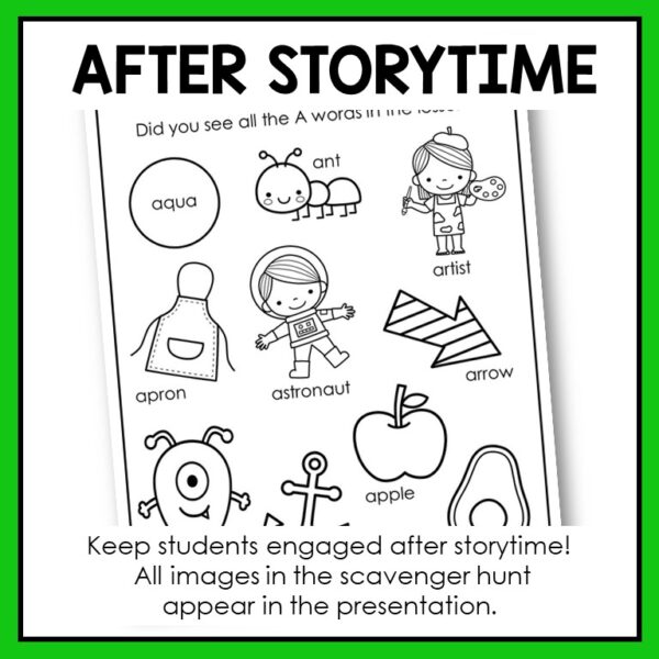 Screenshot of Scavenger Hunt printable below After Storytime title text. Keep students engaged after storytime! All images in the scavenger hunt appear in the presentation, footer text.