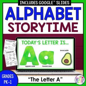 Screenshot of Today's Letter is A slide on laptop with Recommended Reads and Scavenger Hunt printable on side. Alphabet Storytime text on top, Grades PK-1 The Letter A text on bottom.