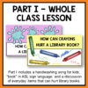 Screenshot of How Can Crayons Hurt a Library Book in front of another slide, below Part I - Whole Class Lesson title. Part I includes a handwashing song for kids, book in ASL, and a discussion of everyday items that can hurt library books, below.