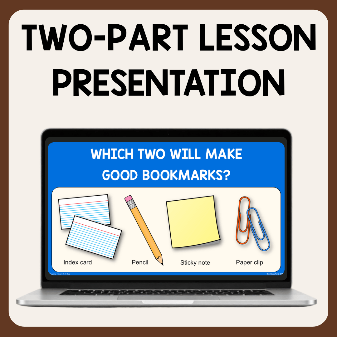 Which two items will make good bookmarks slide on laptop with text: Two-Part Lesson Presentation.