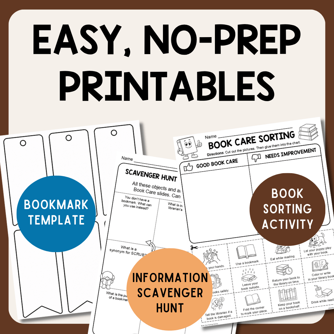 Scavenger hunt and book sorting activities and bookmark template with text: Easy, no-prep printables.