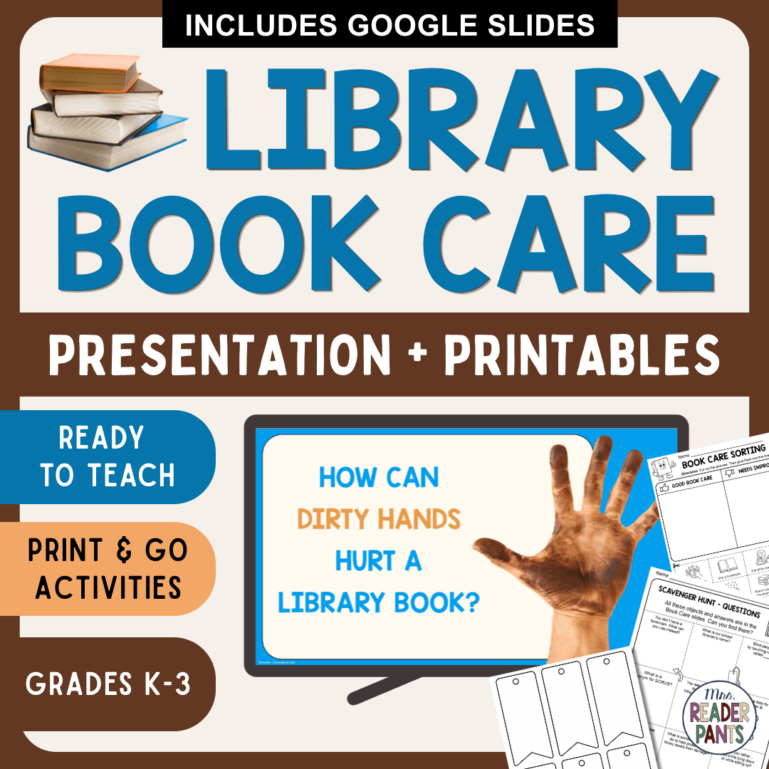 How Can Dirty Hands Hurt a Library Book slide with printable activities and text: Ready to teach, print and go activities, grades K-3.
